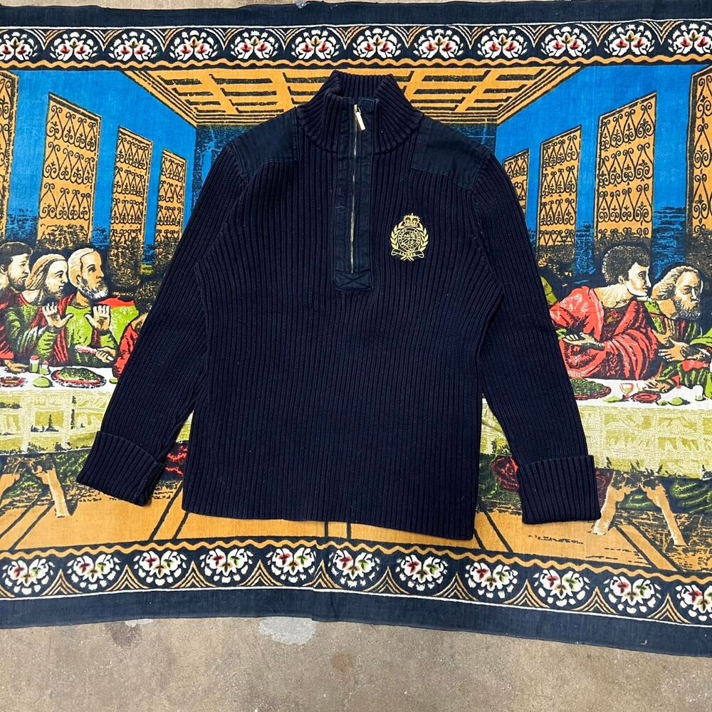 navy lauren polo Ralph Lauren quarter zip womens xl patch chunky knit ribbed y2k